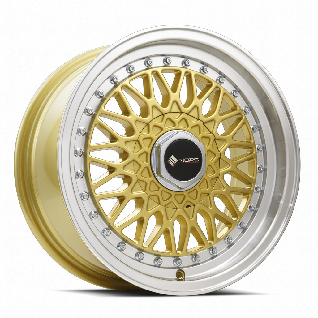 Stunning Vors VR3 Wheels - 16x7, 4x108 Custom Drill, Gold Machine Lip Chrome Rivet!
